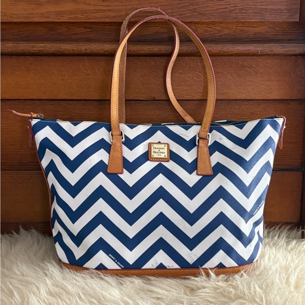Dooney & Bourke Leather Blue and White Chevron Tote Bag EUC